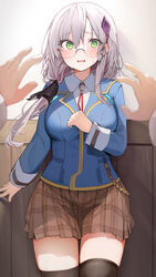  absurdres blue_jacket blurry blush breasts earpiece female glasses green_eyes grey_hair hair_ornament hair_over_shoulder hair_ribbon heaven_burns_red highres izumi_yuki_(heaven_burns_red) jacket long_hair long_sleeves looking_at_viewer low-tied_long_hair pov pov_hands ribbon school_uniform shin_no_tenpii shirt skirt solo_focus sweat thighhighs thighs zettai_ryouiki 