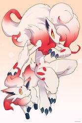  ancesra bright_pupils claws closed_mouth commentary evolutionary_line furry gradient_background highres hisuian_zoroark hisuian_zorua pokemon pokemon_(creature) smile white_pupils yellow_eyes 