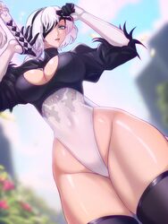  2b_(nier:automata) absurdres blue_eyes blurry blurry_background breasts cleavage commentary covered_navel female highres holding holding_sword holding_weapon large_breasts mole mole_under_mouth nier:automata nier_(series) one_eye_covered opalis solo standing sword thick_thighs thighs weapon white_hair 