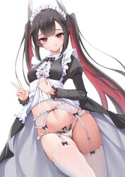  :q absurdres alternate_costume azur_lane black_dress black_hair breasts chinese_commentary closed_mouth clothes_lift colored_inner_hair commentary_request dress dress_lift enmaided female frills garter_straps hatsuzuki_(azur_lane) highres licking_lips lifting_own_clothes long_hair looking_at_viewer maid maid_headdress multicolored_hair navel panties qian_hen red_eyes red_hair sidelocks small_breasts smile solo thighhighs tongue tongue_out twintails underwear v white_background white_panties white_thighhighs 