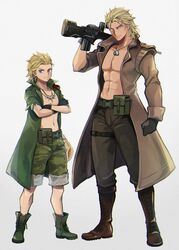  2boys age_comparison assault_rifle belt black_gloves blonde_hair blue_eyes boots bullpup camouflage camouflage_pants coat dog_tags dual_persona earrings eli_(metal_gear) famas film_grain full_body gloves gun highres holding holding_gun holding_weapon jacket jewelry liquid_snake lolicon male_focus mayuzumi metal_gear_(series) metal_gear_solid metal_gear_solid_v:_the_phantom_pain multiple_boys necklace pants pectorals rifle seashell shell shorts simple_background smile topless_male weapon white_background 