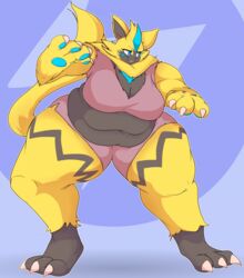  2023 3_toes 4_fingers anthro bee-unit belly_overhang belly_rolls big_breasts biped black_body black_fur blue_eyes bottomwear breasts cel_shading cleavage clothed clothing crop_top digital_media_(artwork) digitigrade fangs feet female fingers full-length_portrait fur generation_7_pokemon hi_res legendary_pokemon navel nintendo obese obese_anthro obese_female open_mouth overweight overweight_anthro overweight_female pawpads paws pink_bottomwear pink_clothing pink_shirt pink_shorts pink_topwear pokemon pokemon_(species) pokemorph portrait pose shaded shirt shorts snout solo standing tail teeth thick_thighs toes topwear yellow_body yellow_fur zeraora 