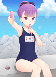  armpits candy crab fate/grand_order fate_(series) female helena_blavatsky_(fate/grand_order) looking_at_viewer medium_hair name_tag offering ponytail purple_eyes purple_hair ribbon swimsuit 