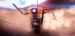  artist_name borderlands_(series) borderlands_2 claptrap commentary_request day debris eddy_shinjuku english_text full_body highres no_humans non-humanoid_robot outdoors photoshop_(medium) robot running signature solo tire watermark web_address 