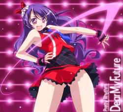  ageha_mia blouse blush commentary_request copyright_name female hair_ornament hand_on_own_hip kikuchi_tsutomu long_hair necktie open_mouth photoshop_(medium) pretty_rhythm pretty_rhythm_dear_my_future pretty_series purple_eyes purple_hair shirt skirt sleeveless smile solo standing star-shaped_pupils star_(symbol) symbol-shaped_pupils 