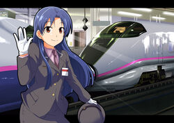  apr blue_hair brown_eyes commentary_request female gloves hat idolmaster idolmaster_(classic) kisaragi_chihaya long_hair solo train uniform waving 