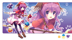  animal_ears bad_id bad_pixiv_id belt black_pantyhose blue_background dog_ears dog_girl dog_tail dracky dragon_quest dragon_quest_ii dress female hat healslime highres kemonomimi_mode long_hair monster narinn pantyhose photoshop_(medium) princess_of_moonbrook purple_eyes purple_hair shoes slime_(dragon_quest) smile solo staff tail zoom_layer 