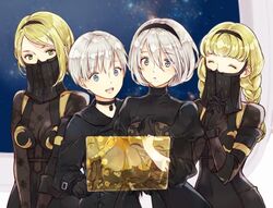  1boy 2b_(nier:automata) 3girls 9s_(nier:automata) blonde_hair braid choker green_eyes hairband holographic_monitor mole mole_under_mouth multiple_girls nier:automata nier_(series) open_mouth operator_21o operator_6o sami_(3a3i3a3i) space twin_braids veil white_hair window 