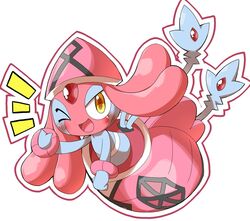  2017 ambiguous_gender blush cosplay evil_anaunara generation_4_pokemon generation_7_pokemon hi_res humanoid legendary_pokemon looking_at_viewer mesprit nintendo not_furry one_eye_closed open_mouth pokemon pokemon_(species) simple_background solo tapu_lele white_background wink winking_at_viewer 