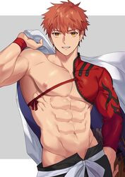  1boy abs armpit_crease bad_source bara cape collarbone emiya_shirou fate/grand_order fate_(series) grin groin hair_between_eyes highres holding holding_cape holding_clothes igote japanese_clothes male_focus muscular muscular_male nipples orange_hair pectorals senji_muramasa_(fate) seum_(kao_husband) short_hair simple_background smile solo wristband yellow_eyes 