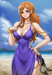  beach beads bird breasts closed_mouth cloud compass dress female high_heels highres jewelry kyopink log_pose long_hair nami_(one_piece) one_piece orange_eyes orange_hair outdoors solo wet 