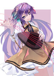  absurdres biwa_lute chains closed_mouth collared_dress commentary cowboy_shot dress female flower frilled_dress frills hair_between_eyes hair_flower hair_ornament half-closed_eyes hands_up head_tilt highres holding holding_instrument instrument leaf_hair_ornament light_purple_hair long_hair long_sleeves looking_to_the_side lute_(instrument) muraryo neck_ribbon outstretched_hand purple_hair rectangle ribbon sidelocks sideways_glance sleeveless sleeveless_dress smile solo string touhou tsukumo_benben twintails white_background yellow_dress 