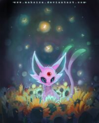  2018 ambiguous_gender big_ears black_nose blue_eyes cheek_tuft eeveelution espeon facial_tuft feral flower fur gem generation_2_pokemon mahsira nintendo petals plant pokemon pokemon_(species) purple_body purple_eyes purple_fur signature solo sunflower text tuft url 