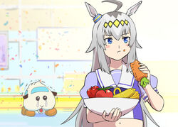  abbey_(pui_pui_molcar) ahoge animal_ears banana big_belly blue_eyes bow bowtie carrot commentary crossover eating female food fruit grey_hair guinea_pig highres horse_ears horse_girl horseshoe_ornament long_hair molcar multicolored_hair navel oguri_cap_(umamusume) puffy_short_sleeves puffy_sleeves pui_pui_molcar purple_shirt sailor_collar sailor_shirt school_uniform season_connection shirt short_sleeves sideways_glance summer_uniform tears tomato tracen_school_uniform trembling ueyama_michirou umamusume upper_body 