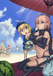  5girls ahoge artoria_pendragon_(fate) asymmetrical_gloves baseball_cap beach beach_umbrella bikini black_bikini black_bow black_gloves black_scarf black_thighhighs blonde_hair blue_eyes blue_headwear blue_jacket blue_sky bow bowl breasts chacha_(fate) chibi cropped_jacket day drooling eating elbow_gloves fate/grand_order fate_(series) food fruit gloves grey_eyes hair_between_eyes hair_through_headwear hairbow hat highleg highleg_bikini highres hiro_(hirohiro_gorira) jacket katana koha-ace layered_bikini long_hair looking_at_viewer multiple_girls mysterious_heroine_xx_(fate) navel ocean oda_nobunaga_(fate) oda_nobunaga_(koha-ace) okita_j._souji_(fate) okita_j._souji_(first_ascension)_(fate) okita_souji_(fate) okita_souji_alter_(fate) open_mouth outdoors ponytail sand_castle sand_sculpture scarf short_hair shovel shrug_(clothing) sitting sky sparkling_eyes spoon swimsuit sword thigh_strap thighhighs thighs twinmyniad_(fate) umbrella uneven_gloves wariza watermelon weapon white_bikini 