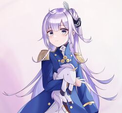  alternate_costume azur_lane blue_jacket buttons cowboy_shot epaulettes female gradient_background hair_bun highres jacket long_hair long_sleeves military military_uniform one_side_up pants purple_background purple_eyes purple_hair single_hair_bun single_side_bun solo stuffed_animal stuffed_toy stuffed_unicorn stuffed_winged_unicorn unicorn unicorn_(azur_lane) uniform wutong_mingye 