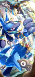  1other absurdres blurry commentary_request energy highres holding jewelry leg_up legs_apart looking_at_viewer lucario lucario_(ruins) pokemon pokemon_(creature) pokemon_unite red_eyes ririri_(user_rkrv7838) tile_floor tiles unown 