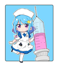  aikatsu!_(series) aikatsu_friends! apron armband black_footwear blue_background blue_dress blue_hair blush chibi closed_mouth collared_dress commentary_request dress female full_body gloves gradient_hair hair_ornament kneehighs large_syringe looking_at_viewer minato_mio multicolored_hair nozo_(hitomiz) oversized_object puffy_short_sleeves puffy_sleeves purple_eyes purple_hair safety_pin shoes short_sleeves socks solo standing standing_on_one_leg star_(symbol) star_hair_ornament syringe two-tone_background white_apron white_background white_gloves white_headwear white_socks 