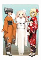  3girls alternate_costume alternate_hairstyle andou_(girls_und_panzer) bag black_eyes black_footwear black_hair blonde_hair blue_eyes candy_apple closed_mouth commentary dark-skinned_female dark_skin flag floral_print flower food fur_scarf furisode girls_und_panzer green_background green_eyes hair_flower hair_ornament hair_up handbag hatsumoude holding holding_food japanese_clothes kimono long_hair long_sleeves looking_at_viewer marie_(girls_und_panzer) medium_hair messy_hair multiple_girls new_year obi orange_kimono oshida_(girls_und_panzer) outside_border petals print_kimono red_flower red_kimono red_rose rose sandals sash short_hair smile tabi tan_(inka) tied_hair twintails v wavy_hair white_flag white_footwear white_kimono wide_sleeves 