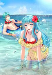  1boy :d aqua_eyes aqua_hair beach bikini blue_sky bracelet breasts brother_and_sister cleavage commentary eating eirika_(fire_emblem) eirika_(summer)_(fire_emblem) ephraim_(fire_emblem) ephraim_(summer)_(fire_emblem) female fire_emblem fire_emblem:_the_sacred_stones fire_emblem_heroes flower flower_necklace food hair_flower hair_ornament highres holding holding_food holding_popsicle innertube jewelry kneeling kousetu0506 long_hair looking_at_viewer navel necklace official_alternate_costume partially_submerged popsicle red_flower short_hair siblings sidelocks sky smile swim_ring swimsuit teeth topless_male twins water 