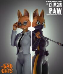  2023 3d_(artwork) 4_fingers adjusting_glasses anthro black_clothing business_suit canid canine clothing diane_foxington digital_media_(artwork) dreamworks eyebrow_piercing eyewear facial_piercing female fingers fox fur glasses gold97fox grey_clothing hi_res looking_at_viewer mammal necktie ninja orange_body orange_fur piercing pink_nose source_filmmaker_(artwork) suit the_bad_guys warrior 