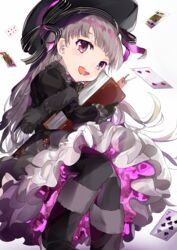  :d absurdres book bookmark boots bow card commentary fate/extra fate/grand_order fate_(series) female four_of_hearts gothic_lolita grey_hair hat highres king_(playing_card) king_of_spades lolita_fashion long_hair nursery_rhyme_(fate) open_mouth pink_eyes playing_card queen_(playing_card) queen_of_hearts_(playing_card) same_(sendai623) seven_of_clubs six_of_diamonds smile solo 