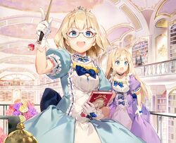  2girls aqua_eyes blonde_hair blush book bow brown_hair choker cropped dress flowers gilse glasses gloves long_hair mage male necklace original rose short_hair tiara waifu2x wand 