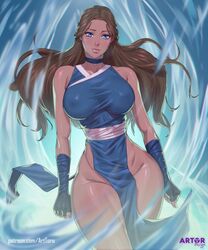  arttoru avatar:_the_last_airbender avatar_legends bandaged_arm bandages bare_shoulders blue_choker blue_dress blue_eyes breasts brown_hair choker covered_nipples cowboy_shot curvy dark_skin dress fantasy female fingerless_gloves gloves highres hydrokinesis katara large_breasts long_hair looking_at_viewer magic pelvic_curtain standing thick_thighs thighs water wide_hips 