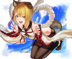  animal_ears aona_(anagasaki) bad_id bad_pixiv_id black_pantyhose blonde_hair breasts cloud dog_ears erune feet female granblue_fantasy hair_ornament japanese_clothes looking_at_viewer open_mouth pantyhose rope short_hair smile solo tail vajra_(granblue_fantasy) 