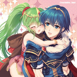  1boy :d awayuki_ramika bare_shoulders blue_cape blue_eyes blue_hair blush cape carrying closed_eyes dress female fire_emblem fire_emblem:_mystery_of_the_emblem fire_emblem:_new_mystery_of_the_emblem fur_trim green_hair hug hug_from_behind marth_(fire_emblem) open_mouth piggyback pink_background pink_dress pointy_ears ponytail short_dress short_sleeves side_slit simple_background sleeveless sleeveless_dress smile star_(symbol) tiki_(fire_emblem) tiki_(young)_(fire_emblem) twitter_username 