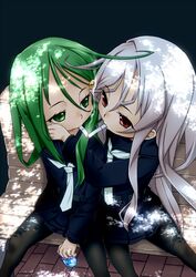  2girls bench black_pantyhose black_sailor_collar black_skirt cigarette cigarette_kiss green_eyes green_hair hair_between_eyes harukaze_unipo holding kantai_collection kikuzuki_(kancolle) long_hair long_sleeves mouth_hold multiple_girls nagatsuki_(kancolle) neckerchief pantyhose pleated_skirt red_eyes sailor_collar school_uniform serafuku simple_background sitting skirt smoke smoking very_long_hair white_hair white_neckerchief 