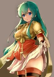  ? aqua_hair armor bad_id bad_pixiv_id blue_eyes breastplate cape clothes_lift eirika_(fire_emblem) female fingerless_gloves fire_emblem fire_emblem:_the_sacred_stones gloves highres hirotaka_(hrtk990203) lifting_own_clothes long_hair looking_at_viewer shoulder_armor simple_background skirt skirt_lift solo thighhighs zettai_ryouiki 