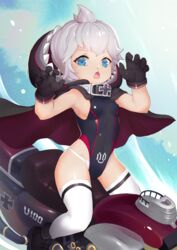  azur_lane black_gloves black_one-piece_swimsuit blue_eyes bluesnail capelet claw_pose cross female floating_cape gloves highres hood hooded_capelet iron_cross looking_at_viewer oerba_yun_fang one-piece_swimsuit panties rigging self-upload short_hair skin_fang swimsuit thighhighs u-110_(azur_lane) underwear waves white_hair white_panties white_thighhighs 