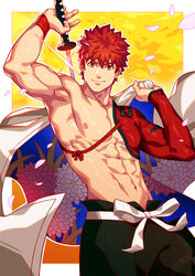  1boy abs bara bare_pectorals clothes_over_shoulder cowboy_shot emiya_shirou fate/grand_order fate_(series) highres igote japanese_clothes kimono large_pectorals looking_at_viewer male_focus muscular muscular_male navel nipples orange_hair pectorals red_hair senji_muramasa_(fate) sheath short_hair simple_background smile solo stomach sword thick_eyebrows unsheathing v-shaped_eyebrows weapon white_kimono xelgot yellow_eyes 