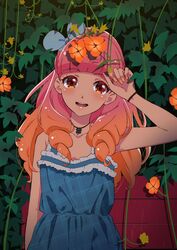  :d aikatsu!_(series) aikatsu_friends! arm_up armpit_peek bad_id bad_pixiv_id bare_shoulders blue_bow blue_dress blunt_bangs bow brown_eyes choker clover diamond_(shape) dress drill_hair female fence flower four-leaf_clover frilled_dress frills gradient_hair hair_over_shoulder highres ivy jasmine_(flower) kaoryu-kun lips long_hair looking_at_viewer multicolored_eyes multicolored_hair nail_polish open_mouth orange_eyes orange_flower orange_hair orange_nails outdoors overgrown petunia_(flower) pink_hair plaid plaid_dress plant round_teeth shadow shiny_skin sleeveless sleeveless_dress smile solo teeth upper_body upper_teeth_only vines wooden_fence wristband yellow_flower yuki_aine 