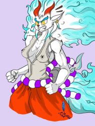  absurd_res angry anthro asian_mythology blue_hair breasts canid canine canis clothed clothing demon east_asian_mythology female fur hair hi_res horn humanoid japanese_mythology long_hair mammal muscular muscular_female mythology one_piece oni showing_teeth solo white_body white_fur wolf yamato_(one_piece) yellow_eyes yokai zataekink 