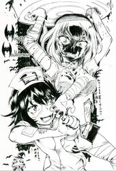  3girls andou_(girls_und_panzer) angry arms_up bad_id bad_twitter_id bandaged_arm bandaged_leg bandages bat_(animal) breasts commentary dress english_text folding_fan frown girls_und_panzer greyscale grimace halloween halloween_costume hand_fan happy_halloween hat holding holding_brush holding_fan holding_paintbrush inactive_account looking_at_another marie_(girls_und_panzer) medium_breasts medium_hair messy_hair monochrome multiple_girls nurse_cap oerba_yun_fang open_mouth oshida_(girls_und_panzer) paint_on_clothes paintbrush sawamin scar scar_on_face short_dress short_sleeves skin_fang smile standing stitched_arm stitched_face stitched_torso stitches sweatdrop torn_clothes torn_dress translated trembling witch_hat 