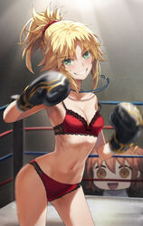  2girls bare_shoulders blonde_hair boxing_gloves boxing_ring bra braid breasts collarbone commentary fate/grand_order fate_(series) french_braid fujimaru_ritsuka_(female) green_eyes grin hair_ornament hair_scrunchie highres jewelry long_hair looking_at_viewer mordred_(fate) mordred_(fate/apocrypha) multiple_girls necklace orange_hair panties parted_bangs ponytail red_bra red_panties riyo_(lyomsnpmp)_(style) scrunchie short_hair sidelocks small_breasts smile thighs tonee underwear underwear_only 