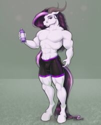  2020 anthro bottomwear clothed clothing digital_media_(artwork) ear_piercing ear_ring equid equine hair hi_res horn horse long_hair male mammal muscular muscular_anthro muscular_male piercing purple_hair reaper3d ring_piercing shorts solo 