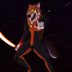  1:1 anthro armor beam_sword black_clothing black_suit canid canine canis clothing constellation cosmic_background depictionexpress fox fur gem gloves halite_(depictionexpress) handwear hi_res jets lore male mammal orange_armor orange_body orange_fur solo space space_background spacesuit suit visor yellow_gem 