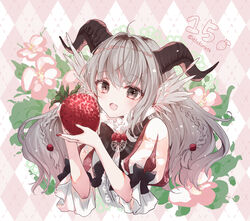  :d argyle_background bad_id bad_pixiv_id black_ribbon braid brown_eyes brown_horns date_pun female food food-themed_hair_ornament fruit grey_hair hair_ornament highres holding holding_food holding_fruit horns konataeru lace long_hair number_pun oerba_yun_fang open_mouth original oversized_food oversized_object puff_and_slash_sleeves puffy_sleeves red_nails ribbon smile solo strawberry strawberry_hair_ornament twin_braids twitter_username 