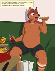  2018 5_fingers absurd_res anthro belly beverage black_bottomwear black_clothing black_shorts bottomwear bulge canid canine canis chip_bag chips_(food) clothed clothing container controller domestic_dog eating eating_food english_text fingers fit_to_fat food fur furniture hi_res holding_beverage holding_food holding_object holding_pizza immelmann inside male mammal musclegut muscular muscular_anthro muscular_male navel open_mouth orange_body orange_eyes orange_fur paper_towel pink_tongue pizza pizza_box remote_control shadow shorts shorts_only sitting soda_bottle sofa solo text text_box tongue tony_(plokishmok3) topless tv_remote weight_gain 