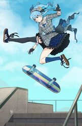  adidas asymmetrical_legwear beret black_thighhighs blue_eyes blue_footwear blue_hair blue_sky blue_socks choker crown day dress female fence frilled_dress frills gloves grey_hat hat highres hololive hoshimachi_suisei hoshimachi_suisei_(1st_costume) kickflip kneehighs medium_hair mismatched_legwear mx._moz outstretched_leg partially_fingerless_gloves plaid plaid_dress plaid_headwear plaid_neckwear shoes side_ponytail single_kneehigh single_sock single_thighhigh skateboard skateboarding sky sleeves_rolled_up sneakers socks solo stairs star_(symbol) star_choker starry_sky_print thighhighs virtual_youtuber 