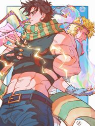  2boys abs absurdres arm_up bare_shoulders battle_tendency belt belt_buckle blonde_hair blue_gloves blue_jacket brown_hair bubble buckle caesar_anthonio_zeppeli chinese_commentary clenched_hand closed_mouth cloud commentary_request crop_top cropped_jacket day denim facial_mark feather_hair_ornament feathers fingerless_gloves fist_in_hand gloves green_eyes hair_ornament hamon headband highres jacket jeans jojo_no_kimyou_na_bouken joseph_joestar joseph_joestar_(young) light_smile looking_away lossy-lossless male_focus midriff multiple_boys muscular muscular_male pants pink_scarf scarf short_hair signature standing striped_clothes striped_scarf zechuan 