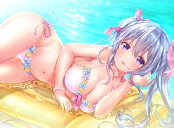  absurdres aoba_chise aoba_project bead_bracelet beads bikini blue_hair bracelet breasts cleavage commentary_request female flower_bikini hair_ribbon halterneck head_on_hand highres inflatable_raft jewelry long_hair lying medium_breasts navel on_side open_mouth pink_bikini pool purple_eyes ribbon sakura_moyon side-tie_bikini_bottom smile string_bikini swimsuit thighs twintails water water_drop wet 