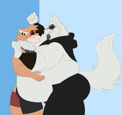  5_fingers absurd_res anthro ass belly belly_hug belly_press belly_squish big_belly black_bottomwear black_clothing black_pants black_sclera blush bottomwear canid canine canis cloak clothing death_(puss_in_boots) dreamworks fingers fluffy fluffy_tail fur hand_on_belly hands_on_belly hi_res hybrid jackal jericho_(januki) lichinthesystem licking licking_lips looking_at_another love_handles male male/male mammal morbidly_obese multicolored_body multicolored_fur muscular muscular_anthro muscular_male obese overweight overweight_anthro overweight_male pants pink_tongue pinned pinned_by_body pinned_to_wall puss_in_boots_(dreamworks) raccoon_dog red_eyes shirtless sleeveless_hoodie squish tail tan_body tan_fur tanuki thick_thighs tongue tongue_out two_tone_body two_tone_fur white_body white_fur wolf wrappings yellow_eyes 