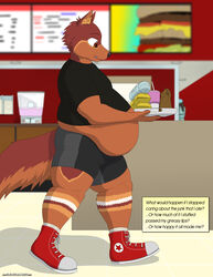  absurd_res anthro belly belly_peeking_out beverage big_belly black_clothing black_nose black_shirt black_topwear bottomwear burger burrito canid canine canis clothing compression_shorts container cup digital_media_(artwork) domestic_dog english_text exposed_belly fast_food fit_to_fat food food_tray footwear fur grey_bottomwear grey_clothing grey_shorts hi_res immelmann inside looking_at_food looking_at_object love_handles male mammal menu orange_body orange_eyes orange_fur overweight overweight_anthro overweight_male pink_tongue red_clothing red_footwear red_shoes restaurant shadow shirt shoes shorts socks solo text text_box thick_thighs tongue tongue_out tony_(plokishmok3) topwear tray walking weight_conscious weight_gain white_clothing white_footwear white_socks 