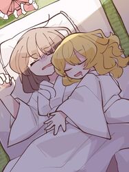  2girls annoyed blonde_hair brown_hair closed_eyes commentary_request drooling furrowed_brow futon hair_ornament hakurei_reimu japanese_clothes kirisame_marisa long_hair mouth_drool multiple_girls n07m25s no_headwear on_bed open_mouth robe sleeping touhou unworn_hair_bow unworn_hair_ornament unworn_headwear white_robe yuri 