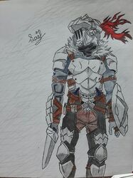  absurdres alterrecs armor armored_boots belt boots breastplate gloves goblin_slayer goblin_slayer! graphite_(medium) greaves highres holding holding_sword holding_weapon looking_to_the_side self-upload shield sword traditional_media visor_(armor) weapon 