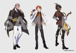  3boys aragami_oga argyle_clothes argyle_jacket arurandeisu beard belt black_hair black_jacket box box_of_chocolates bracelet brown_jacket coat coat_on_shoulders collar_chain_(jewelry) collared_shirt dark-skinned_male dark_skin earrings eyepatch facial_hair food food_in_mouth gift gift_box glasses green_eyes green_necktie grey_hair grey_necktie hand_on_own_hip hand_up handkerchief head_tilt heterochromia holding holding_gift holostars horns jacket jewelry looking_back male_focus multicolored_hair multiple_boys necktie official_art orange_eyes orange_hair orange_necktie pants plaid plaid_jacket purple_eyes sample_watermark shirt single_horn streaked_hair suit_jacket two-sided_fabric two-sided_jacket vest virtual_youtuber watermark white_jacket white_pants white_shirt xia_(ryugo) yukoku_roberu 